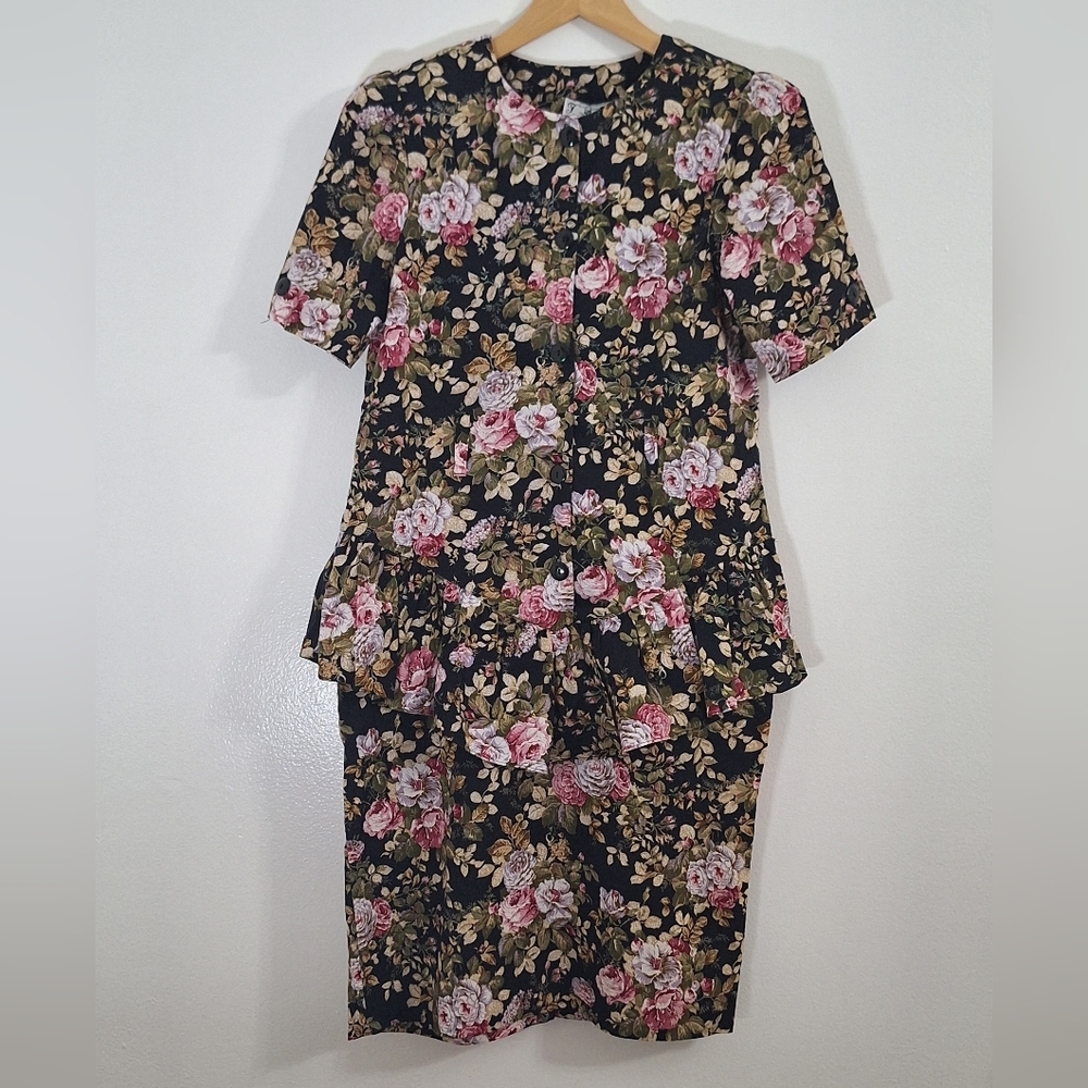 VINTAGE TF Chic Floral Midi Dress in Black and Pink